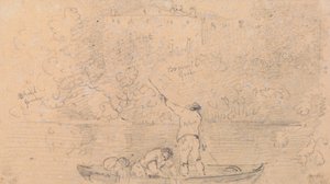 Skizze von zwei Männern in einem Boot und einem Haus am Ufer von Capt. Thomas Hastings