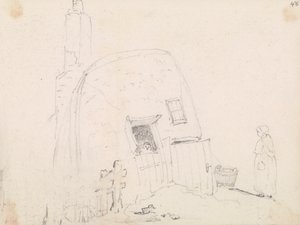 Skizze einer Frau in der Nähe eines Häuschens von Capt. Thomas Hastings