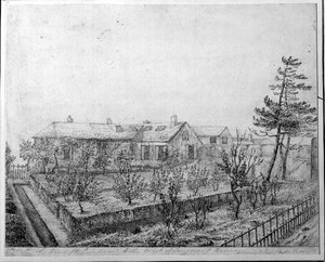 Blick auf den Obstgarten im Westen des Longwood House auf der Insel St. Helena, ca. 1821