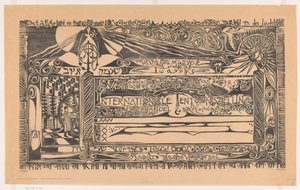 Urkunde der Vereinigung zur Förderung der Interessen des Buchhandels mit Drucker, Papierrollen und Ornamentik von Carel Adolph Lion Cachet