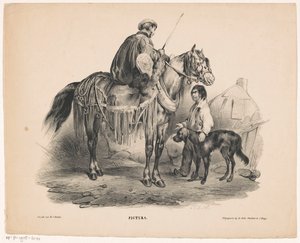 Edelmann zu Pferd und bettelnder Junge