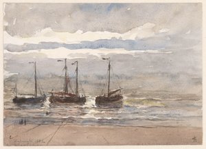 Fischerboote am Strand von Katwijk bei auflaufender Flut von Carel Nicolaas Storm van 