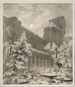 Kirche und Friedhof im Schnee bei Mondlicht von Carl Blechen