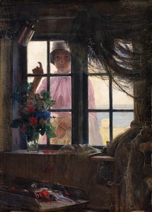 Nach dem Bad. Ein junges Mädchen klopft an das Fenster des Fischers von Carl Bloch
