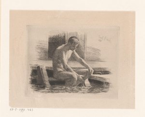Nackter Mann, sitzend auf einer Treppe am Wasser von Carl Bloch