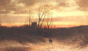 Eine bewaldete Landschaft am Abend von Carl Bondel