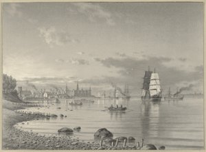 Schiffe auf dem Öresund mit Helsingör und Schloss Kronborg in der Ferne von Carl Emil Baagoe