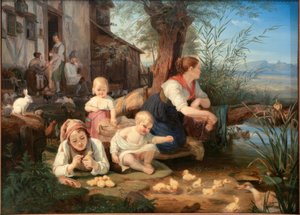 Mutter mit Kindern am Dorfweiher von Carl Engel von Rabenau