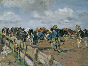 Melken der Kühe von Carl Fahringer