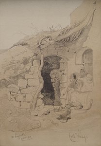 Drei Figuren, die vor einem Haus sitzen, Nazareth, 1859