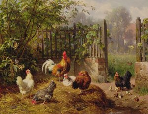 Hahn mit Hennen und Küken von Carl Jutz
