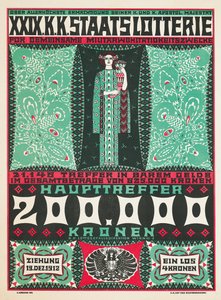 Plakat zur Werbung für die 24. königlich österreichische Wohltätigkeitslotterie im Jahr 1912 von Carl Krenek