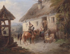 Österreichische Ulanen vor einem Bauernhaus