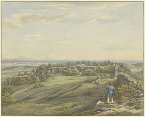 Burghof der Ruine Falkenstein mit Ausblick auf die Mainebene, den Odenwald und die Rheinberge von Carl Morgenstern