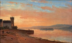 Sonnenaufgang am Rhein bei Rüdesheim mit dem Adlerturm
