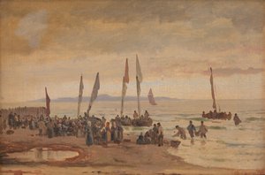 Heimkehrende Fischer werden am Strand von Hornbæk empfangen