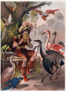 Papageno mit einer Panflöte bringt die Vögel aus dem Wald. Illustration von Carl Offterdinger in „Die Zauberflöte“. Private Sammlung von Carl Offterdinger