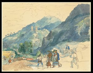 Landschaft bei Innsbruck mit den Ruinen von Fragenstein und Landvolk, das nach Hause zurückkehrt und auf den Feldern arbeitet von Carl Philipp Fohr
