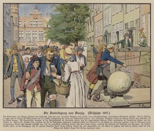 Zivilisten helfen preußischen Verwundeten während der Verteidigung von Danzig, Frühjahr 1807