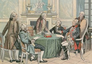 Friedrich Wilhelm II., König von Preußen (1744-1797) bei einer Beratung über das Preußische Allgemeine Landrecht (um 1790)
