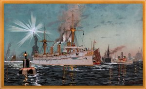 Kaiserin Augusta verlässt New York, Chromolithographie von C. Saltzmann 95, Nr. 13 aus G. Wislicenus, Unsere Kriegsflotte von Carl Saltzmann