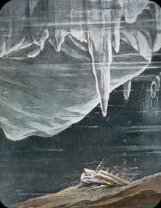 Die Jungfernfahrt der Titanic 1912, Titanic-Katastrophe, Illustration, das Sinken der Titanic, handkolorierte Glasplatte von Carl Simon