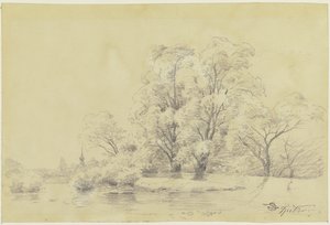 Landschaft mit Bäumen am Wasser, in der Ferne der Turm einer Dorfkirche von Carl Spitzweg