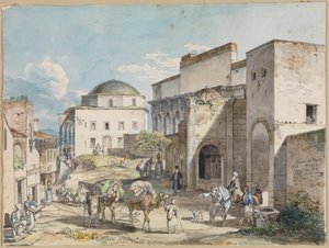 Straßenszene in Athen. Mit dem Palast von Hadji Hazekis und der Tzistarakis-Moschee
