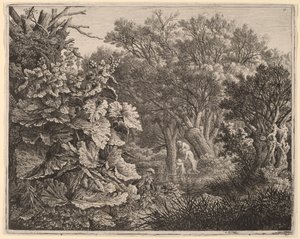 Landschaft mit großen Blättern und drei Satyrn