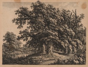Landschaft und Brücke mit drei Figuren