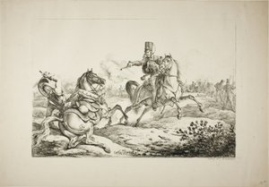 Husar, der seine Pistole auf einen deutschen Dragoner abfeuert