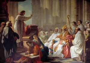 Die Predigt des Heiligen Augustinus (354-430) vor Valere, Bischof von Hippo. Gemälde von Carle Van Loo (1705-1765) 18. Jahrhundert. Paris, Kirche Notre-Dame des Victoires von Carle van Loo