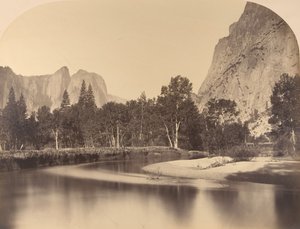 Flussansicht, Talabwärts, Cathedral Rock links, 1861, Yosemite von Carleton Emmons Watkins