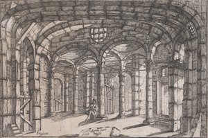 Innenansicht eines Gefängnisses mit einer sitzenden Frau, ca. 1680-1710