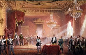 Risorgimento - Viktor Emanuel II (Vittorio Emanuele) (1820-1878) unterzeichnete den Vertrag über die Annexion der Toskana, vorgelegt von Bettino Ricasoli (1809-1880) am 22. März