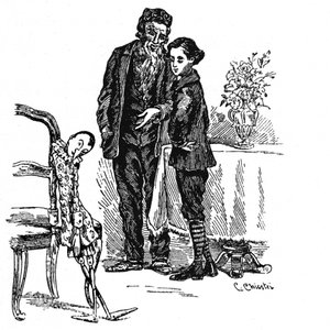 Illustration von Pinocchio von Carlo Chiostri, Pinocchio wird ein echter Junge und betrachtet mit Geppetto die Holzpuppe