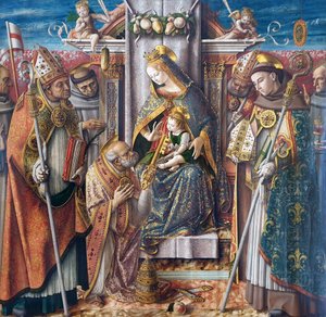 Thronende Maria mit dem Kind, die Schlüsselübergabe an den Apostel Petrus und mit den Heiligen Johannes Capistranus, Emidius, Franziskus, Ludwig von Toulouse, dem seligen Giacomo della Marca und einem Bischof von Carlo Crivelli