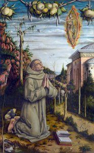 Die Vision des seligen Gabriel - Gabriele Ferretti (1385-1456), italienischer Franziskaner, sieht die Jungfrau Maria und das Jesuskind erscheinen von Carlo Crivelli
