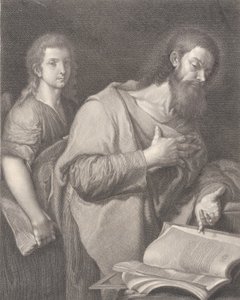 Heiliger Matthäus, steht vor einem Buch rechts mit einer Hand auf seiner Brust, ein anderer Mann..., 1750-84 von Carlo Faucci
