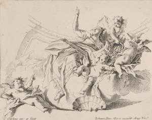Reichtum, dargestellt durch eine Frau, die auf Wolken sitzt und von Putti umgeben ist, von denen einer..., 1725-75