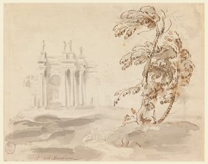 Zeichnung, Baum in Landschaft mit Gebäude, 1756–78 von Carlo Marchionni