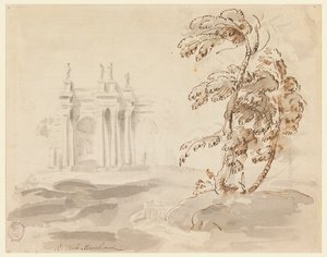 Baum in Landschaft mit Gebäude von Carlo Marchionni