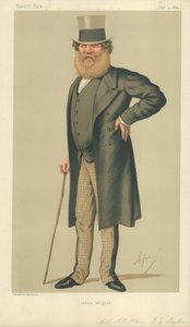 Colonel The Right Hon Thomas Edward Taylor, kürzlich ausgepeitscht, 4. Juli 1874, Vanity Fair Karikatur von Carlo Pellegrini