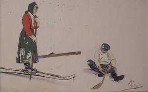 Seine Skier sichern (Farblitho) von Carlo Pellegrini