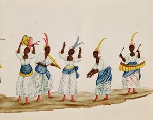 Königin und ihr Gefolge, Detail, das Tänzer und Musiker darstellt