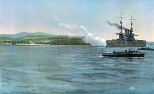 Flaggschiff von Admiral Sampson, der gepanzerte Kreuzer New York der Vereinigten Staaten, feuert auf eine Küstenwache der spanischen Kavallerie vor Cabanas, 29. April 1898