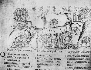 Illustration verschiedener Szenen aus einem der Psalmen, aus dem Utrechter Psalter, Kopie des Originals aus Reims, jetzt in der Universitätsbibliothek Utrecht von Carolingian School