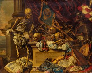 Vanitas Stillleben mit Musikinstrumenten, Büchern, Noten, Skelett, Schädel und Rüstung, 17. Jh.