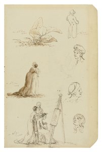 Studie von Köpfen, Figuren und Blattwerk