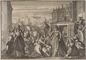 Frauen knien in Paris vor Königin Anna und bitten sie, die Steuern zu senken, 1645 von Caspar Luyken (attributed to)